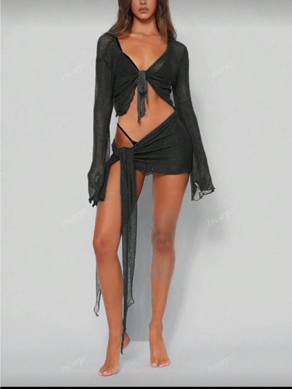 Sheer Swim Cover-Up Set in Black Tie-Front Crop Top and Mini Skirt Set NWOT - Picture 2 of 3